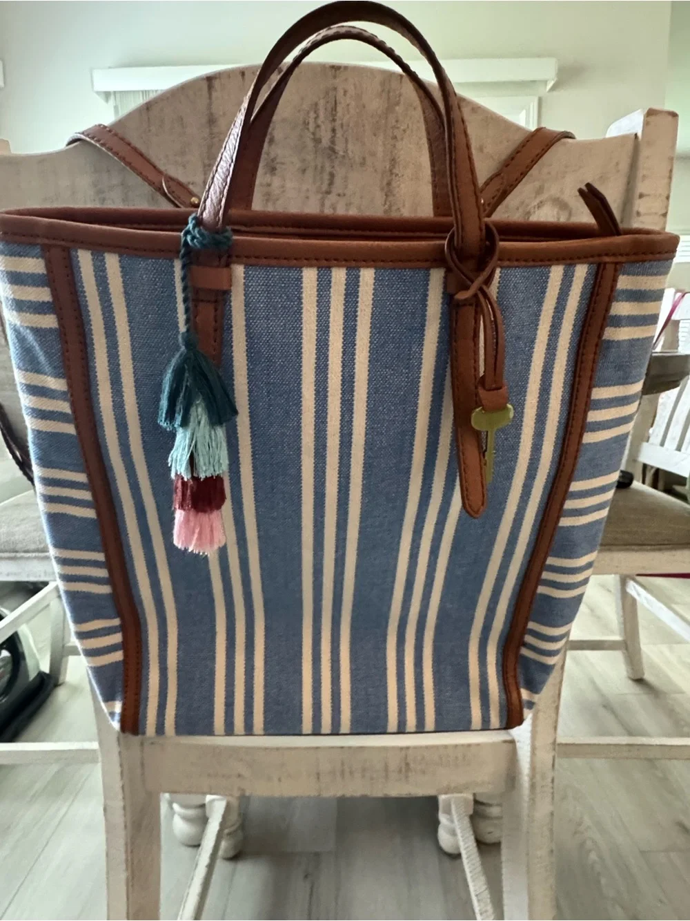Fossil Blue and White Striped Canvas Tote with Brown Trim